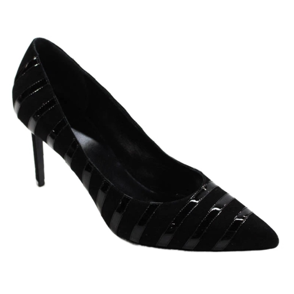 ➰ Celine Womens Patent Leather Stripe Detail Pointed Toe Heels Black Size 39.5
